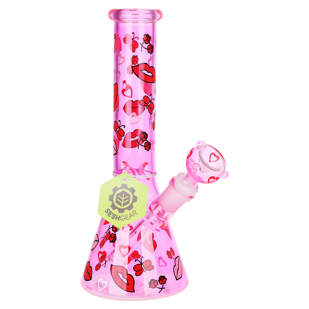 SeshGear Hearts Aflutter Beaker Bong | Front View with Tag