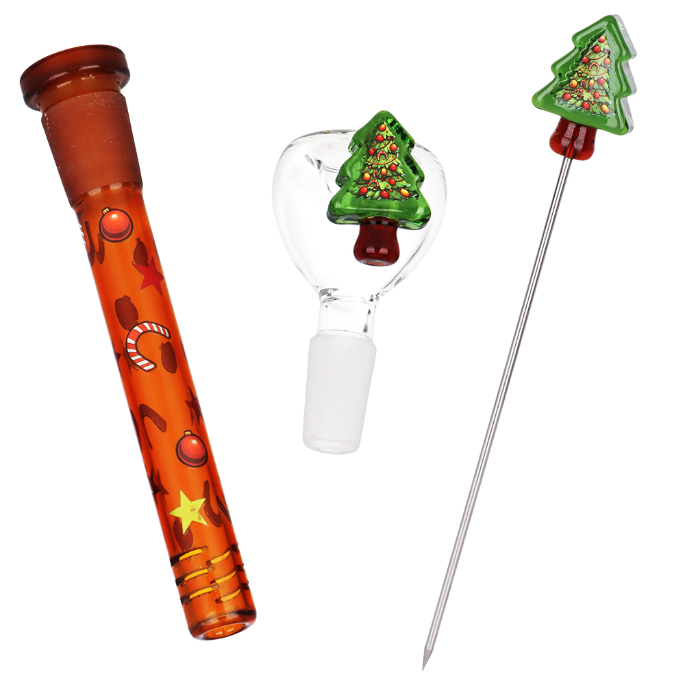 Pulsar Holiday Tree Beaker Bong Set | Matching Downstem, Herb Slide, & Poker Tool