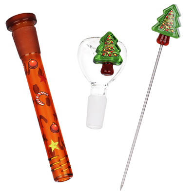 Pulsar Holiday Tree Beaker Bong Set | Matching Downstem, Herb Slide, & Poker Tool