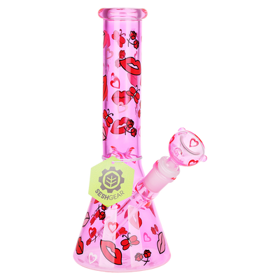 SeshGear Hearts Aflutter Beaker Bong | Front View with Tag